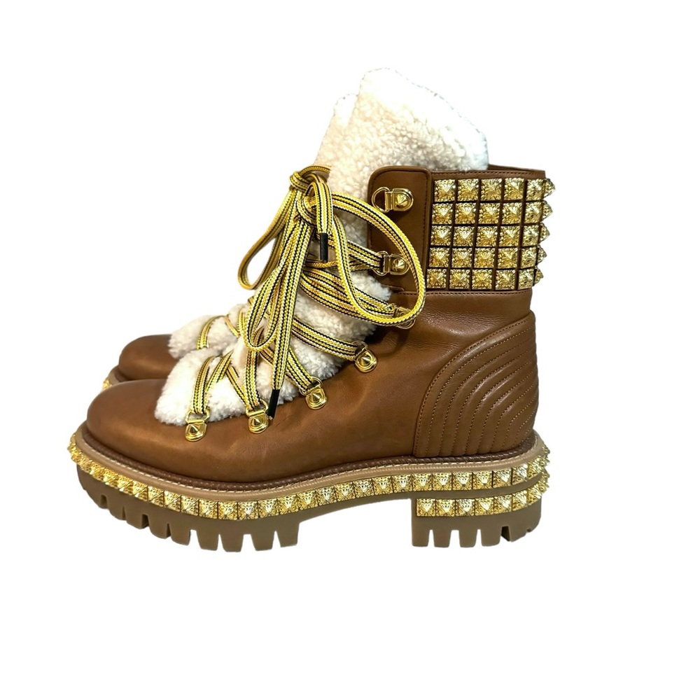 Auth Christian Louboutin Yeti Boot Brown Gold Studded